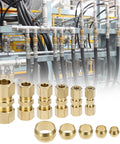 Brass compression tube fittings assortment kit, 46 pcs, sizes 1/8 to 1/2 in, front view