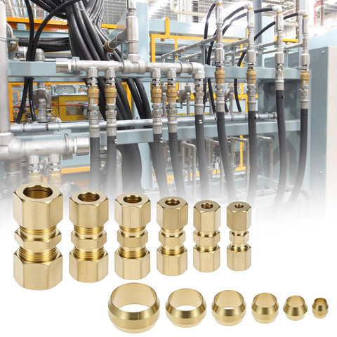 Brass compression tube fittings assortment kit, 46 pcs, sizes 1/8 to 1/2 in, front view
