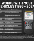 All System OBD2 Scanner For Cars And Trucks Bluetooth Diagnostic Tool For Engine ABS SRS And Transmission Full Vehicle Diagnostics Reads And Clears Codes Real Time Data Works With America Top Car Repair App showing compatibility list with vehicle brands from 1996 to 2024
