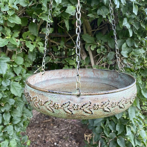 Hanging Bird Bath For Outdoors With Metal Bowl And Stable Triple Chain Design, Powder Coated For Rust Proof Durability