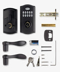 SmartCode 955 Pembroke 10 Button Keypad Electronic Lever Lock components in satin chrome, showing lockset parts and accessories.