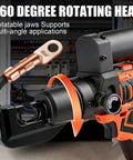 Heavy Duty Electric Battery Lug Crimping Tool With Rechargeable Brushless Motor And Solid 12 Ton Hydraulic Force with 360-degree rotating head.