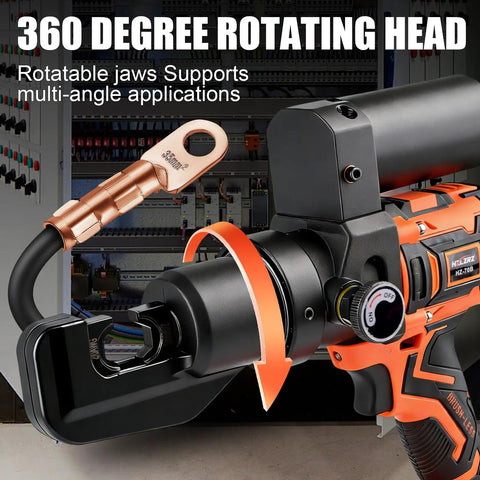 Heavy Duty Electric Battery Lug Crimping Tool With Rechargeable Brushless Motor And Solid 12 Ton Hydraulic Force with 360-degree rotating head.