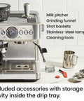Next Level No Sweat Home Espresso Machine Built Around Conical Burr Grinder Barista Steam Frother includes milk pitcher, grinder, tamper.