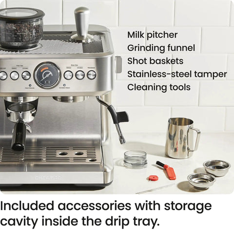 Next Level No Sweat Home Espresso Machine Built Around Conical Burr Grinder Barista Steam Frother includes milk pitcher, grinder, tamper.
