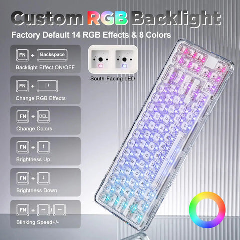 Compact Wireless Mechanical Keyboard Featuring Hot Swap Switches And Clear Caps For Streamlined Desk Setup Custom Backlight And Gasket Mount RGB backlight controls visible with colored keys