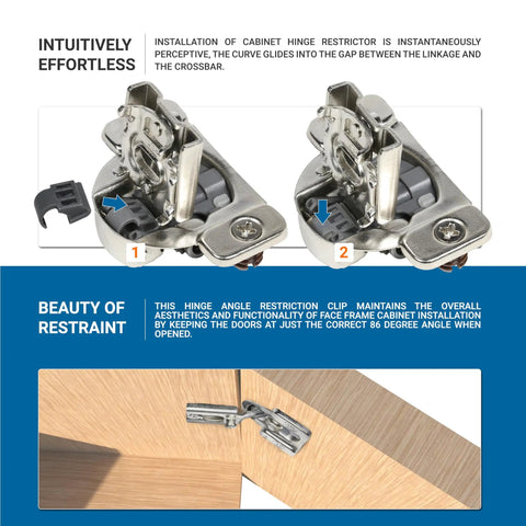 10 Pack Cabinet Door Angle Restrictor Clips for Face Frame Hinges with easy install stops doors from swinging past 86 degrees