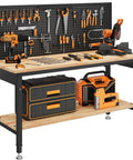 60 Inch Adjustable Height Work Bench With Storage Shelf And Pegboard LED Light And Built In Power Strip, tools displayed