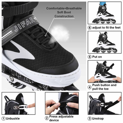 Adjustable Inline Skates For Teens And Adults With Light Up Wheels No Batteries Needed Easy Grow Fit From Women US 5 To 8 And Men 4 To 7 Outdoor Roller Blades For Beginners Smooth Roll On Any Terrain Illuminated Wheels Activate While You Move showing soft boot construction and adjustment steps.