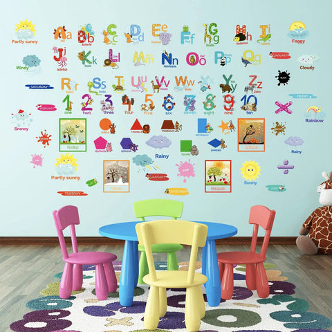 9 Sheets Animal Alphabet Wall Decals With Educational Numbers Colors Weather Shapes Seasons Months And Weeks Peel And Removable Learning Stickers for Toddlers on a colorful wall in a classroom