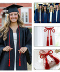 Graduate wearing Red 68 Inch Graduation Honor Cord With Tassels At Both Ends, Durable Polyester Yarn, Knotted Ends, Classic Ceremony Accessory