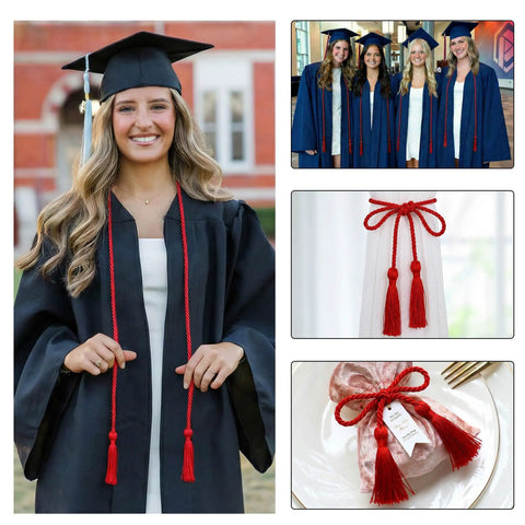 Graduate wearing Red 68 Inch Graduation Honor Cord With Tassels At Both Ends, Durable Polyester Yarn, Knotted Ends, Classic Ceremony Accessory
