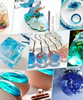 Assorted epoxy resin craft items including cubes, jewelry, and decorative pieces made with crystal clear epoxy resin kit 2 gallon.