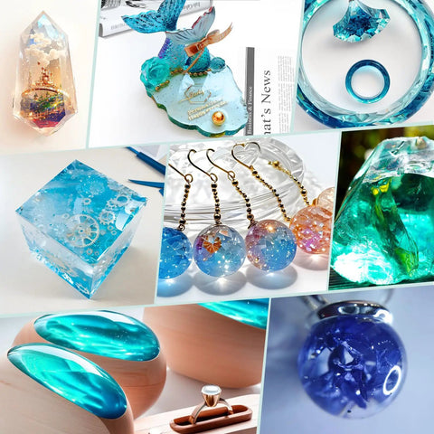 Assorted epoxy resin craft items including cubes, jewelry, and decorative pieces made with crystal clear epoxy resin kit 2 gallon.