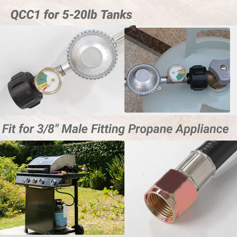 2 Feet Propane Hose With Regulator And Gauge For Low Pressure LP Gas Grills Patio Heaters And Fire Pits Three Eighths Inch Female Flare