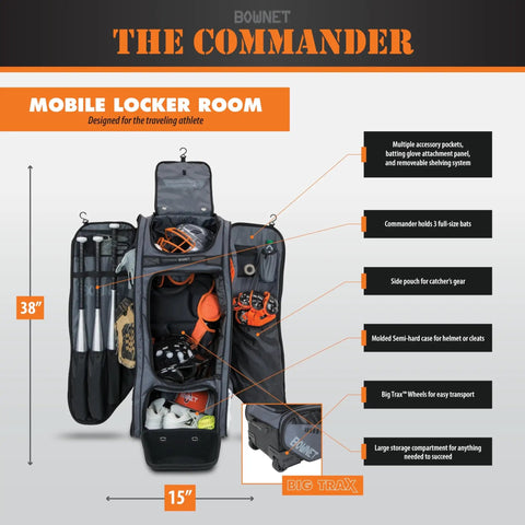 Commander Catchers Gear Bag With Wheels For Travel And Outdoor Play Black open displaying compartments and gear