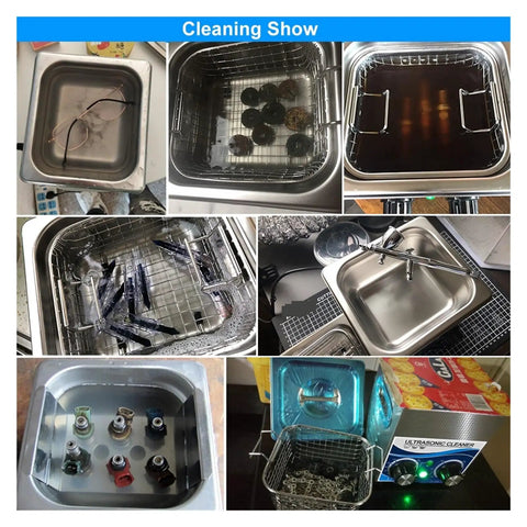 Heavy Duty 1.3L Ultrasonic Cleaner Machine With Cooling Fan And Double Safety Switch showing glass, coins, and fuel injectors in cleaning process.