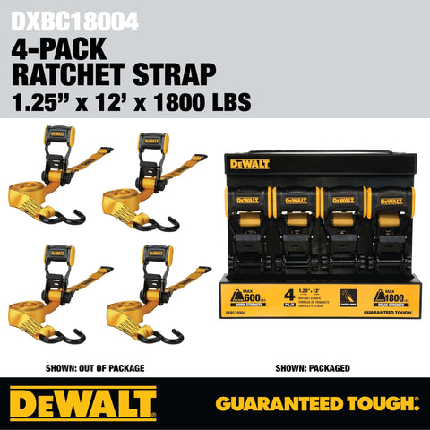 Lightweight 1.25 Inch By 12 Foot Ratchet Tie Down Straps 1800 Lb Break Strength 4 Pack For Secure Cargo Hauling With Ergonomic Wide Grip Open Handle And Durable Coated Steel Ratchets displayed in and out of package