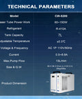 Technical specifications of Heavy Duty Workhorse Water Chiller Featuring Seven Liter Tank And Point Nine Horsepower Pump Delivering Bulletproof Five Thousand Six Hundred Ninety Nine BTU Per Hour Cooling For Up To One Fifty Watt Co2 Laser Machines.