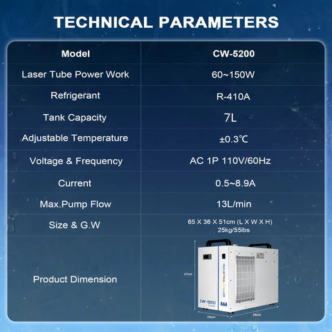 Technical specifications of Heavy Duty Workhorse Water Chiller Featuring Seven Liter Tank And Point Nine Horsepower Pump Delivering Bulletproof Five Thousand Six Hundred Ninety Nine BTU Per Hour Cooling For Up To One Fifty Watt Co2 Laser Machines.