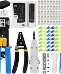 Badass Network Cable Testing And Repair Kit Featuring Rj45 Crimping Tool Heavy Duty Wire Stripper Punch Down Driver Compatible With Coax Cat5 Cat6 And Phone Lines Brilliant Blue Edition with crimper, tester, and connectors.