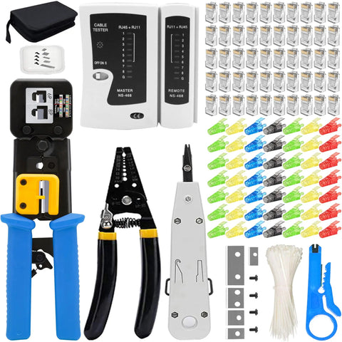 Badass Network Cable Testing And Repair Kit Featuring Rj45 Crimping Tool Heavy Duty Wire Stripper Punch Down Driver Compatible With Coax Cat5 Cat6 And Phone Lines Brilliant Blue Edition with crimper, tester, and connectors.