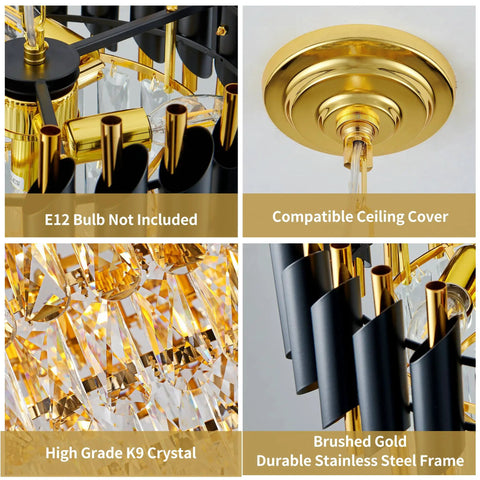 Crystal Pendant Light Fixture 1 Light with brushed gold frame and K9 crystals showing compatible ceiling cover details.