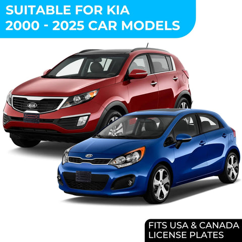 Dead Simple Front Bumper License Plate Bracket For Hyundai And Kia 2000 Through 2026 shown on red and blue Kia models.