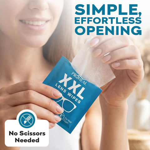 Person opening package of XXL lens wipes, ideal for cleaning glasses and screens, with easy open tear, no scissors needed.
