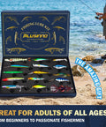Action Packed Bass Fishing Lures Kit With Tackle Box displayed on a beach with an angler in the background, includes various lure types.