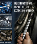 Heavy Duty One Half Inch Drive Offset Extension Wrench 17 Inch Impact Rated Ratchet Extender Tool being used in tight engine space.