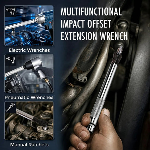 Heavy Duty One Half Inch Drive Offset Extension Wrench 17 Inch Impact Rated Ratchet Extender Tool being used in tight engine space.