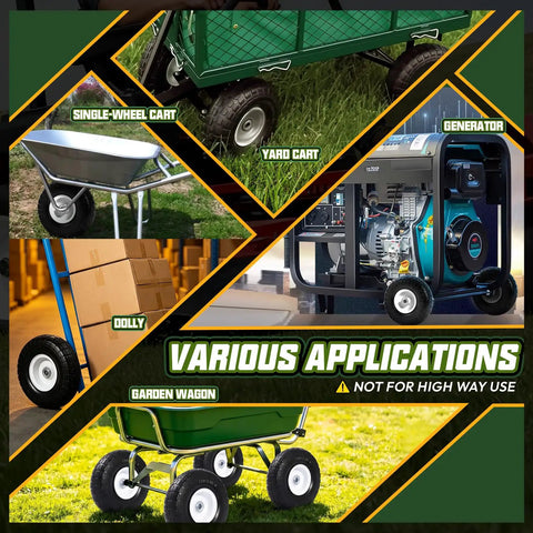 Durable 10 Inch Flat Free Solid Tire And Wheel Bundle Featuring Adjustable Hub Adaptors And 5 8 Bearing Bore on various carts and generators.