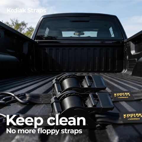 Heavy Duty Retractable Ratchet Straps 2 Inch by 10 Foot 3000 Lb Tie Down Kit for Truck Trailer Motorcycle and ATV with Slick Black Finish displayed in truck bed.