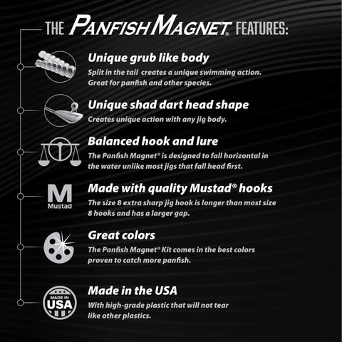 Features of Panfish Magnet Kit With Longer Shad Dart Hook, 82 Piece Lure Set Including 70 Split Tail Grub Bodies And 12 Size 8 Mustad Hooks