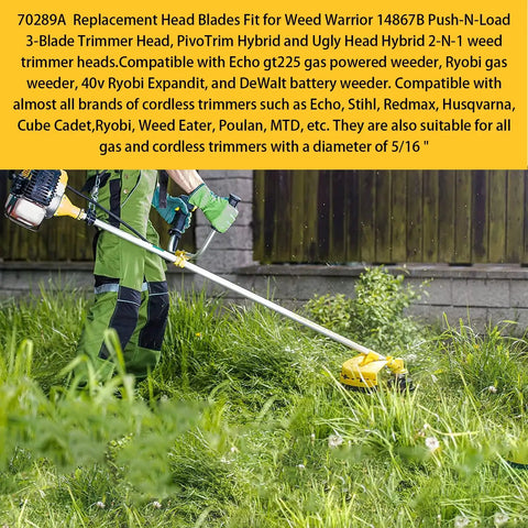 Person trimming grass with a gas-powered trimmer fitted with yellow plastic replacement head blades for weed trimmer Pack Of 30 Fits Weed Warrior 14867B Push N Load 3 Blade Pivo Trim Hybrid And Ugly Head 2 In 1 Trimmer Heads Compatible With Echo GT225 Gas Weeder Ryobi Gas Weeder 40V Ryobi Expand It DeWalt Battery Weeder.