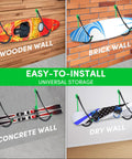 Tough As Nails Kayak Wall Mount Rack And Storage Holder 2 Pack Heavy Duty Steel with kayaks and snowboards on various wall types.