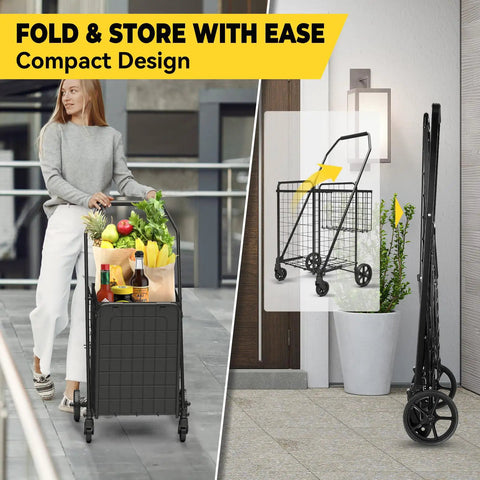 Heavy Duty Folding Shopping Cart With Double Basket And 380 Pound Capacity displayed folded and in use