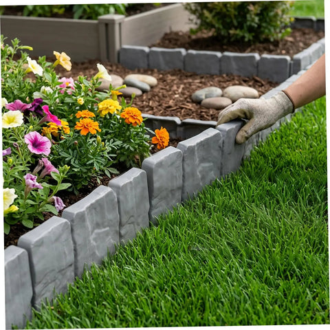 Interlocking Faux Stone Garden Edging Border Kit Easy Install Plastic Landscape Border For Yard Flower Beds And Lawn Weather-Resistant 30 Pack Included with flowers and grass