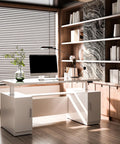 Kickass Hella Spacious Dual Motor Height Adjustable Electric Standing Desk Smooth 67 Inch Wide White Sit Stand Workstation in modern office.