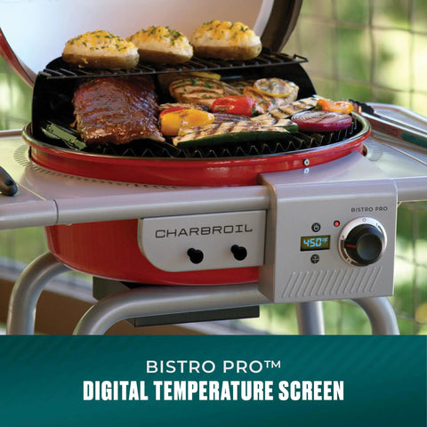 3-In-1 Dual Fuel Outdoor Grill And Griddle With Electric And Charcoal Modes Pro Bistro Style Cooker grilling assorted food
