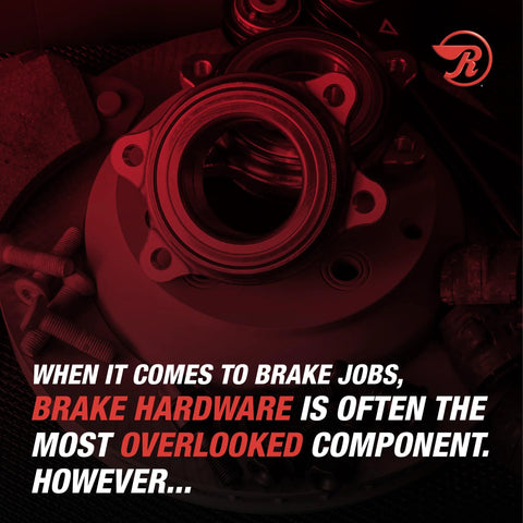 Close-up of Raybestos R-Line rear parking brake hardware kit on metal wheel hub assembly