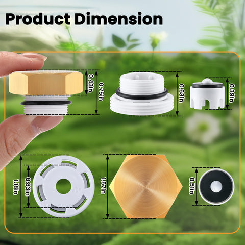 Product dimensions for 2 Pack Anti Siphon Valve Repair Kit for Outside Faucets, Vacuum Breaker Fix Set Compatible With Legend Valve LEG-108-903 and T550 T550A, Frost Free Faucet Repair Kit No Sweat Install, Quick Leak Prevention, Durable Replacement displayed on green background.