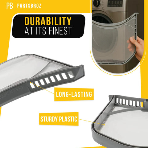 Dryer Lint Trap Screen Replacement for LG and Kenmore Elite Dryers with durable plastic frame shown in hand and close-ups