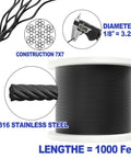 Spool of One Eighth Inch Black Stainless Steel Cable Wire Rope, showing 7x7 construction, T316 marine grade, 1000 ft length.