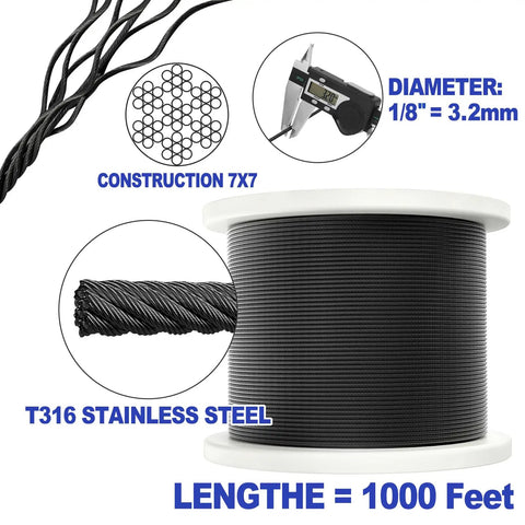 Spool of One Eighth Inch Black Stainless Steel Cable Wire Rope, showing 7x7 construction, T316 marine grade, 1000 ft length.