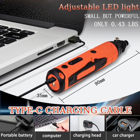 Must Have 4V Mini Cordless Rotary Tool Kit With 5 Speed USB Charging connected to laptop via USB-C cable