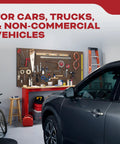 Garage scene with a car, tools, and ladder; linked to use of Vehicle Fire Extinguisher 5BC For Cars And Trucks All Metal Construction With Rust Resistant Handle Quick 8 To 12 Second Discharge Single Use Fire Suppression For Your Ride Easy Pull Pin Reliable Fire Protection.