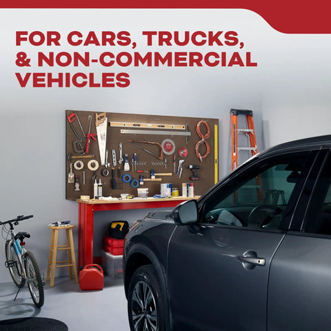Garage scene with a car, tools, and ladder; linked to use of Vehicle Fire Extinguisher 5BC For Cars And Trucks All Metal Construction With Rust Resistant Handle Quick 8 To 12 Second Discharge Single Use Fire Suppression For Your Ride Easy Pull Pin Reliable Fire Protection.