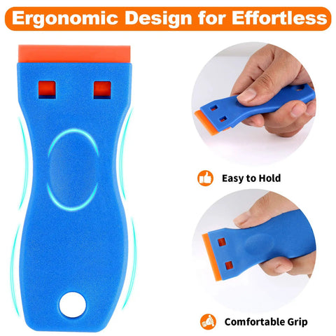 Plastic Razor Blade Scraper Set With 2 Scrapers And 60 Replacement Blades, ergonomic handle, blue scraper demonstration